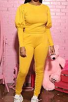Yellow Casual Round Collar Puff Sleeve T-Shirt With Pocket Tied Pencil Pants Sports Sets SMD82078-3