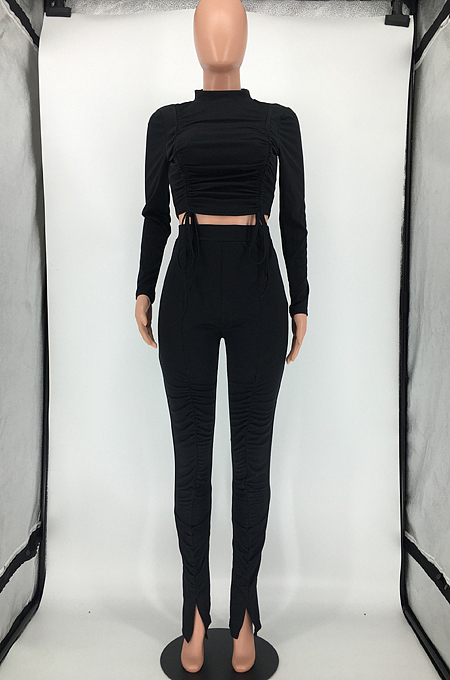 Khaki Ruffle Drawsting Pure Color O Neck Long Sleeve Pencil Pants Slim Fitting Sports Sets SMD82079-3