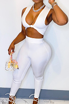 White Sexy Sleeveless V Neck Front Knot Dew Waist Tank Bodycon Pants Two-Piece MN8375-1
