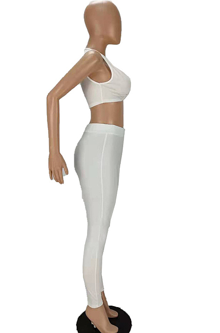 White Sexy Sleeveless V Neck Front Knot Dew Waist Tank Bodycon Pants Two-Piece MN8375-1