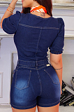 Blue Slim Fitting Square Neck Short Sleeve Spray White Hole Jean Romper Shorts JLX6906 