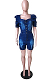 Blue Slim Fitting Square Neck Short Sleeve Spray White Hole Jean Romper Shorts JLX6906 