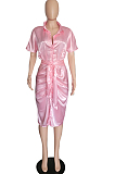 White Fashion Lapel Collar Short Sleeve Single-Breasted Bandage Ruffle Shirt Dress P8741-1