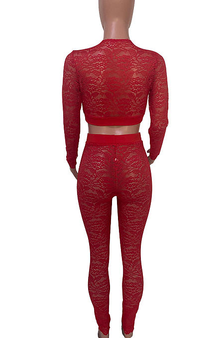 Red Women Sexy Lace Long Sleeve V Neck Long Pants Sets Q771-1