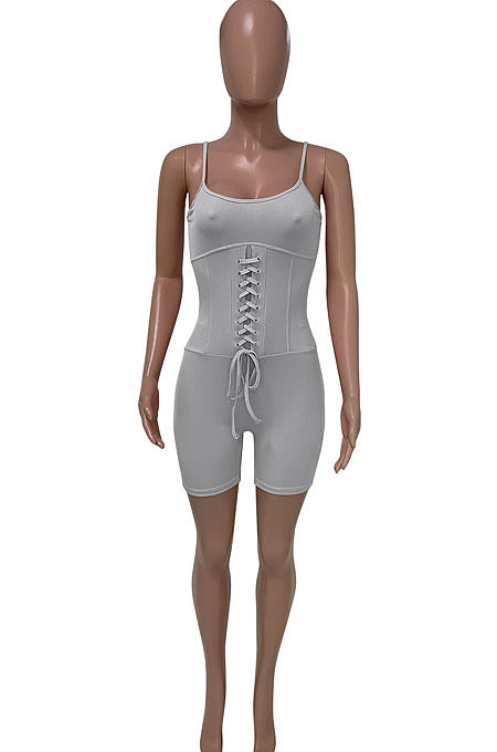 Black Euramerican Women Pure Color Condole Belt Eyelet Bandage Sexy Romper Shorts Q774-5