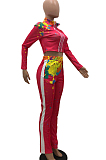 Rose Red Cotton Blend Splash-Ink Printing Long Sleeve Stand Collar Zipper Long Pants Sports Sets ZQ9219-3
