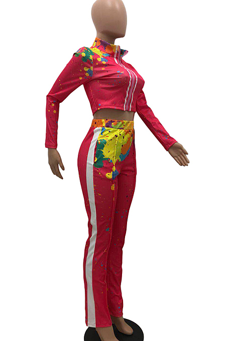Rose Red Cotton Blend Splash-Ink Printing Long Sleeve Stand Collar Zipper Long Pants Sports Sets ZQ9219-3