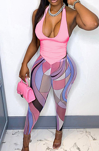 Pink Halter Neck V Collar Backless Bandage Tank Pencil Pants Slim Fitting Two-Piece MN8377-3