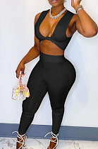 Black Sexy Sleeveless V Neck Front Knot Dew Waist Tank Bodycon Pants Two-Piece MN8375-3