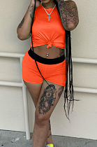 Orange Red Cotton Blend Sleeveless Round Neck Crop Top Shorts Casual Sets ZQ8113-3