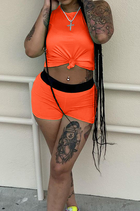 Orange Red Cotton Blend Sleeveless Round Neck Crop Top Shorts Casual Sets ZQ8113-3