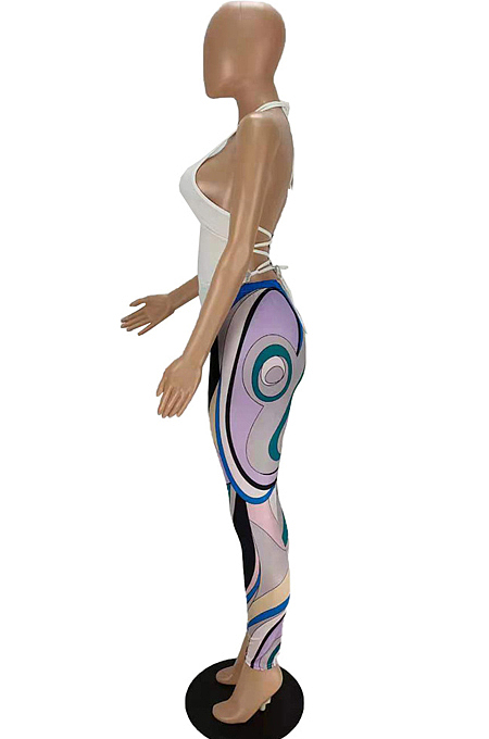 White Halter Neck V Collar Backless Bandage Tank Pencil Pants Slim Fitting Two-Piece MN8377-1