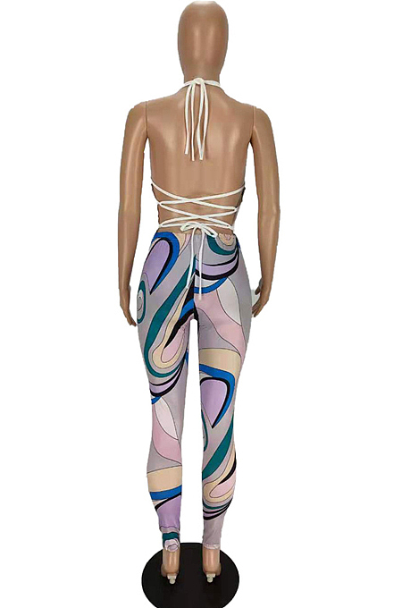 Blue Halter Neck V Collar Backless Bandage Tank Pencil Pants Slim Fitting Two-Piece MN8377-2