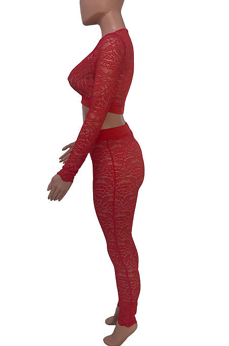 Green Women Sexy Lace Long Sleeve V Neck Long Pants Sets Q771-2