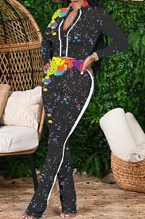 Black Cotton Blend Splash-Ink Printing Long Sleeve Stand Collar Zipper Long Pants Sports Sets ZQ9219-2
