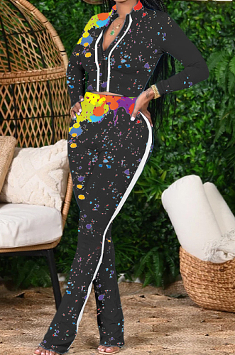 Black Cotton Blend Splash-Ink Printing Long Sleeve Stand Collar Zipper Long Pants Sports Sets ZQ9219-2