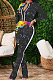Black Cotton Blend Splash-Ink Printing Long Sleeve Stand Collar Zipper Long Pants Sports Sets ZQ9219-2