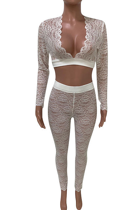 Black Women Sexy Lace Long Sleeve V Neck Long Pants Sets Q771-3