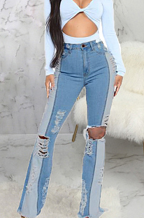 Light Blue Fashion Spliced Hole Water Washing Elastic Slim Fitting Jean Flare Pants SMR2551