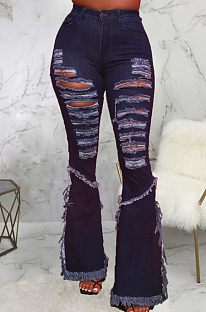 Dark Blue Elastic Water Washing Hole High Waist Jean Flare Pants SMR2437-1