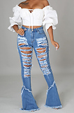 Blue Elastic Water Washing Hole High Waist Jean Flare Pants SMR2437-3