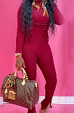 Wine Red Ruffle Drawsting Pure Color O Neck Long Sleeve Pencil Pants Slim Fitting Sports Sets SMD82079-1