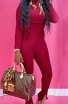 Wine Red Ruffle Drawsting Pure Color O Neck Long Sleeve Pencil Pants Slim Fitting Sports Sets SMD82079-1
