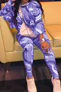 Blue Casual Printing Round Collar Long Sleeve Loose T-Shirt Slim Fitting Long Pants Two-Piece SM9198-2