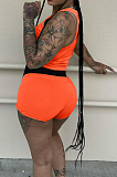 Orange Red Cotton Blend Sleeveless Round Neck Crop Top Shorts Casual Sets ZQ8113-3