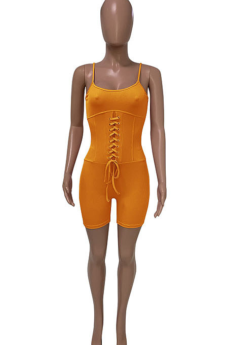 Black Euramerican Women Pure Color Condole Belt Eyelet Bandage Sexy Romper Shorts Q774-5