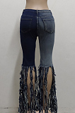 Dark Blue New Tassel Spliced Hole Elastic Jean Flare Pants SMR2511
