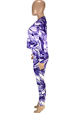 Rose Red Casual Printing Round Collar Long Sleeve Loose T-Shirt Slim Fitting Long Pants Two-Piece SM9198-1