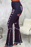 Blue Elastic Water Washing Hole High Waist Jean Flare Pants SMR2437-3