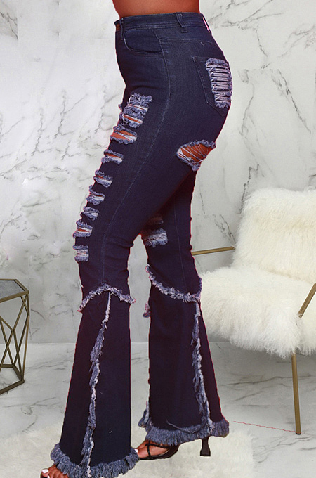 Blue Elastic Water Washing Hole High Waist Jean Flare Pants SMR2437-3