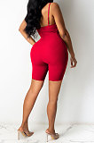 Red Euramerican Women Pure Color Condole Belt Eyelet Bandage Sexy Romper Shorts Q774-3