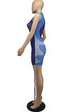 Blue Women Club Color Block Drawsting Sleeveless Slim Fitting Mini Dress SDE62110-3