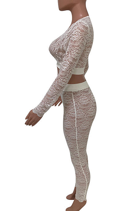 Gray White Women Sexy Lace Long Sleeve V Neck Long Pants Sets Q771-4