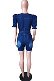 Blue Slim Fitting Square Neck Short Sleeve Spray White Hole Jean Romper Shorts JLX6906 