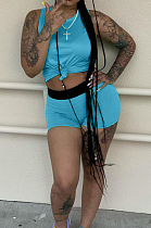 Light Blue Cotton Blend Sleeveless Round Neck Crop Top Shorts Casual Sets ZQ8113-2