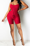 Pink Euramerican Women Pure Color Condole Belt Eyelet Bandage Sexy Romper Shorts Q774-1