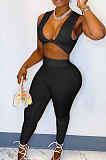 White Sexy Sleeveless V Neck Front Knot Dew Waist Tank Bodycon Pants Two-Piece MN8375-1