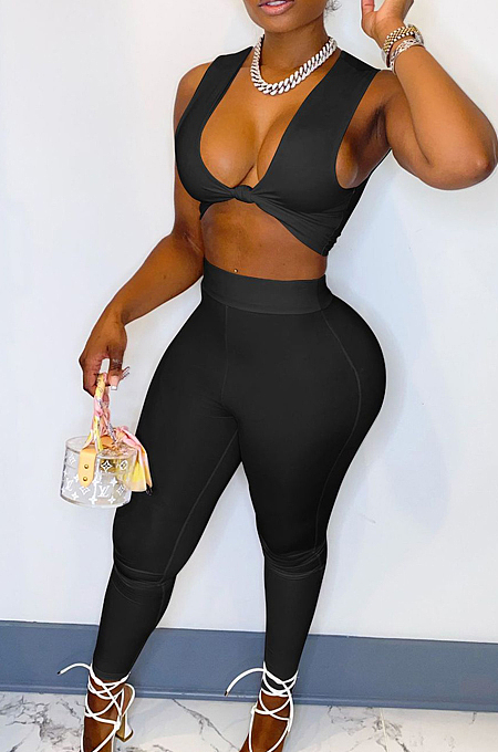 White Sexy Sleeveless V Neck Front Knot Dew Waist Tank Bodycon Pants Two-Piece MN8375-1