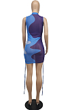 Orange Women Sexy Color Block Drawsting Sleeveless Bodycon Mini Dress SDE62110-1