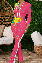 Rose Red Cotton Blend Splash-Ink Printing Long Sleeve Stand Collar Zipper Long Pants Sports Sets ZQ9219-3