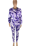 Rose Red Casual Printing Round Collar Long Sleeve Loose T-Shirt Slim Fitting Long Pants Two-Piece SM9198-1