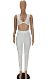 White Sexy Sleeveless V Neck Front Knot Dew Waist Tank Bodycon Pants Two-Piece MN8375-1
