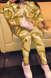 Yellow Casual Printing Round Collar Long Sleeve Loose T-Shirt Slim Fitting Long Pants Two-Piece SM9198-3