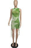 Orange Women Sexy Color Block Drawsting Sleeveless Bodycon Mini Dress SDE62110-1