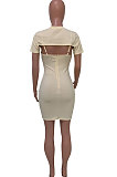 Apricot Women Sexy Solid Color Condole Belt Dress Smock Two-Pieces Q776-1