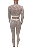 Gray White Women Sexy Lace Long Sleeve V Neck Long Pants Sets Q771-4